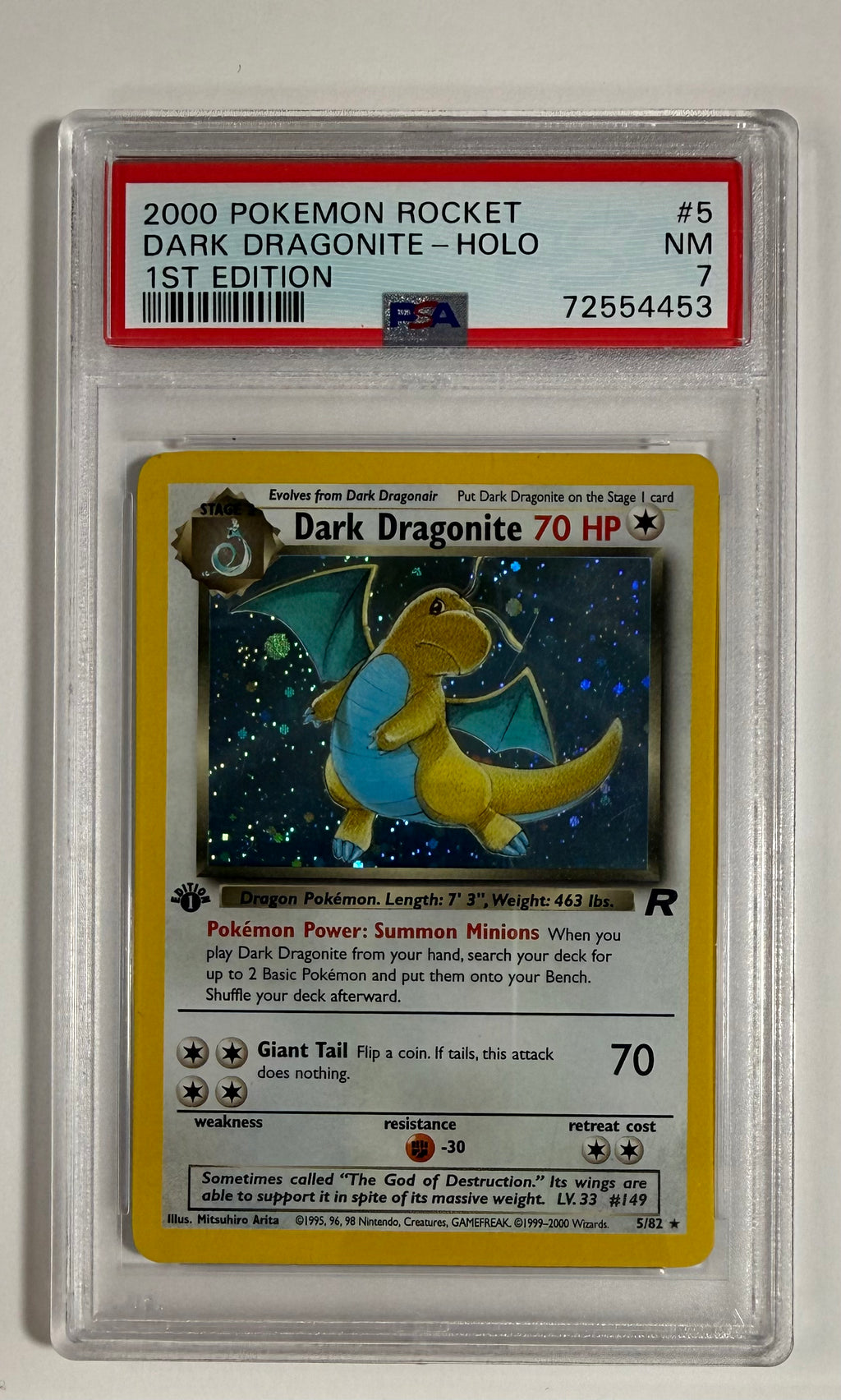 2000 POKEMON ROCKET 1ST EDITION #5 DARK DRAGONITE-HOLO PSA 7