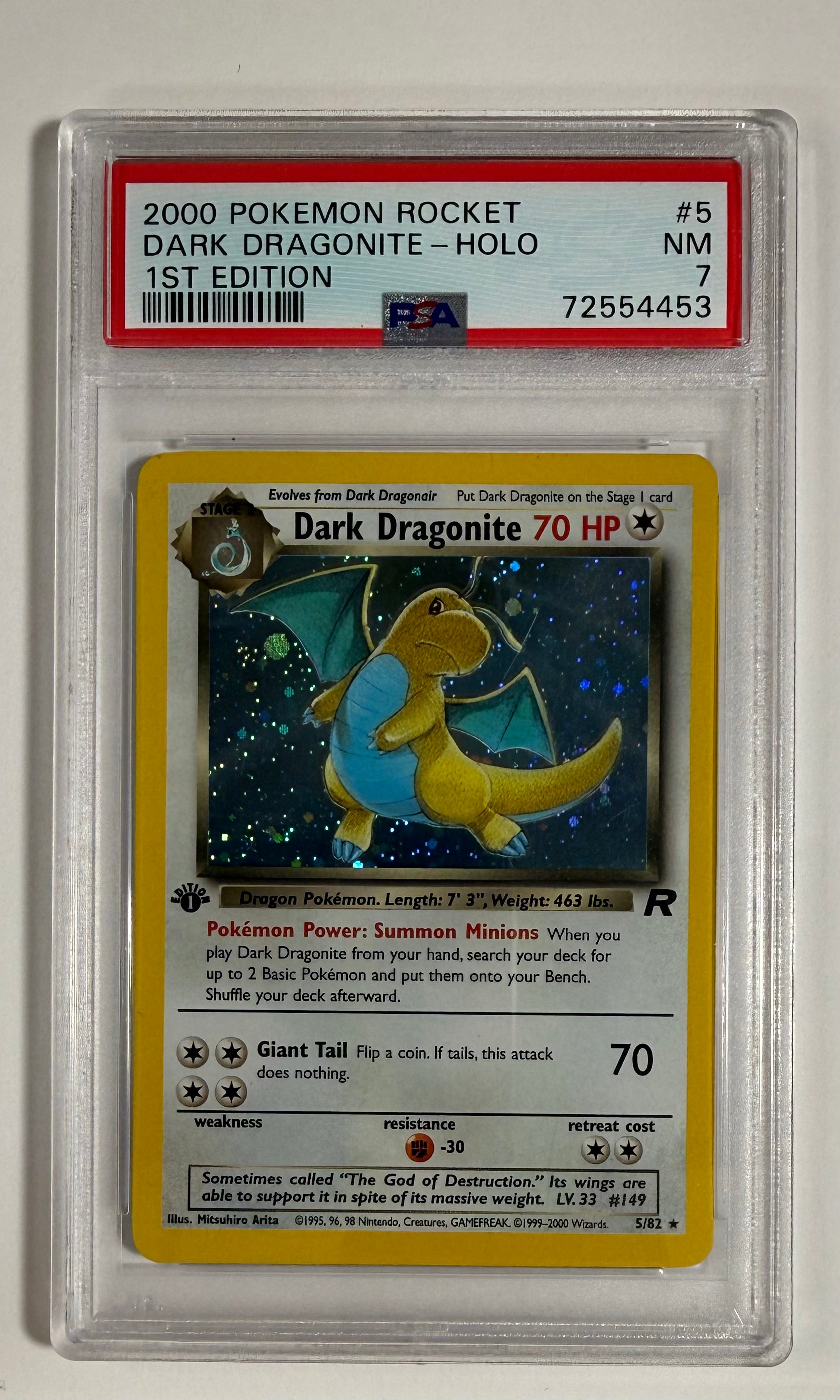 2000 POKEMON ROCKET 1ST EDITION #5 DARK DRAGONITE-HOLO PSA 7