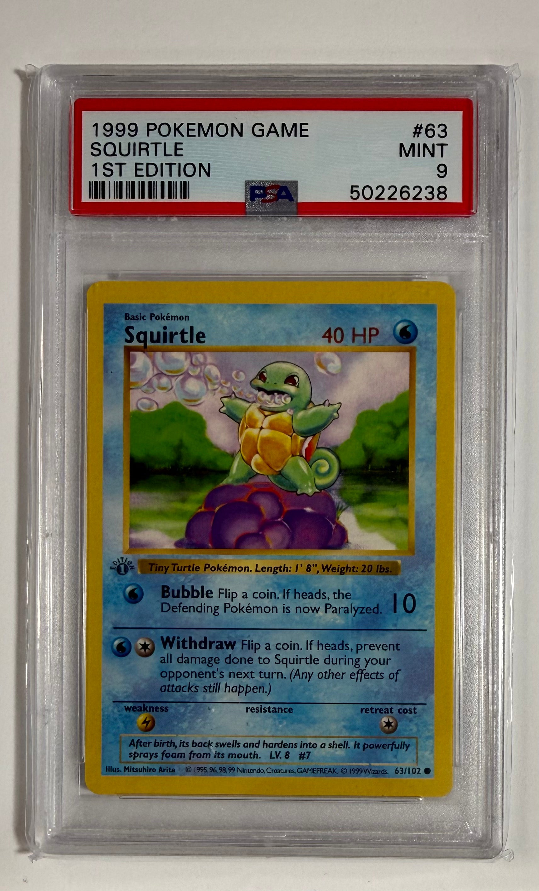 1999 Pokémon Game Squirtle Shadowless 1st Edition PSA Mint 9 #63